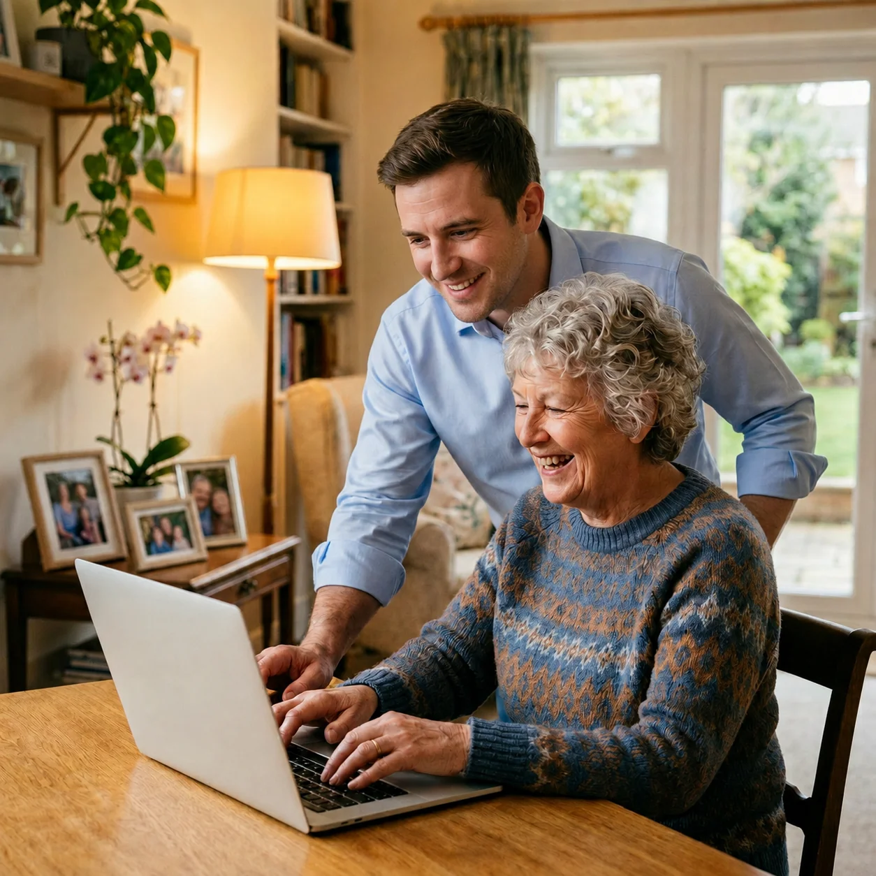 Tech support provider helping a senior woman use a laptop at home
